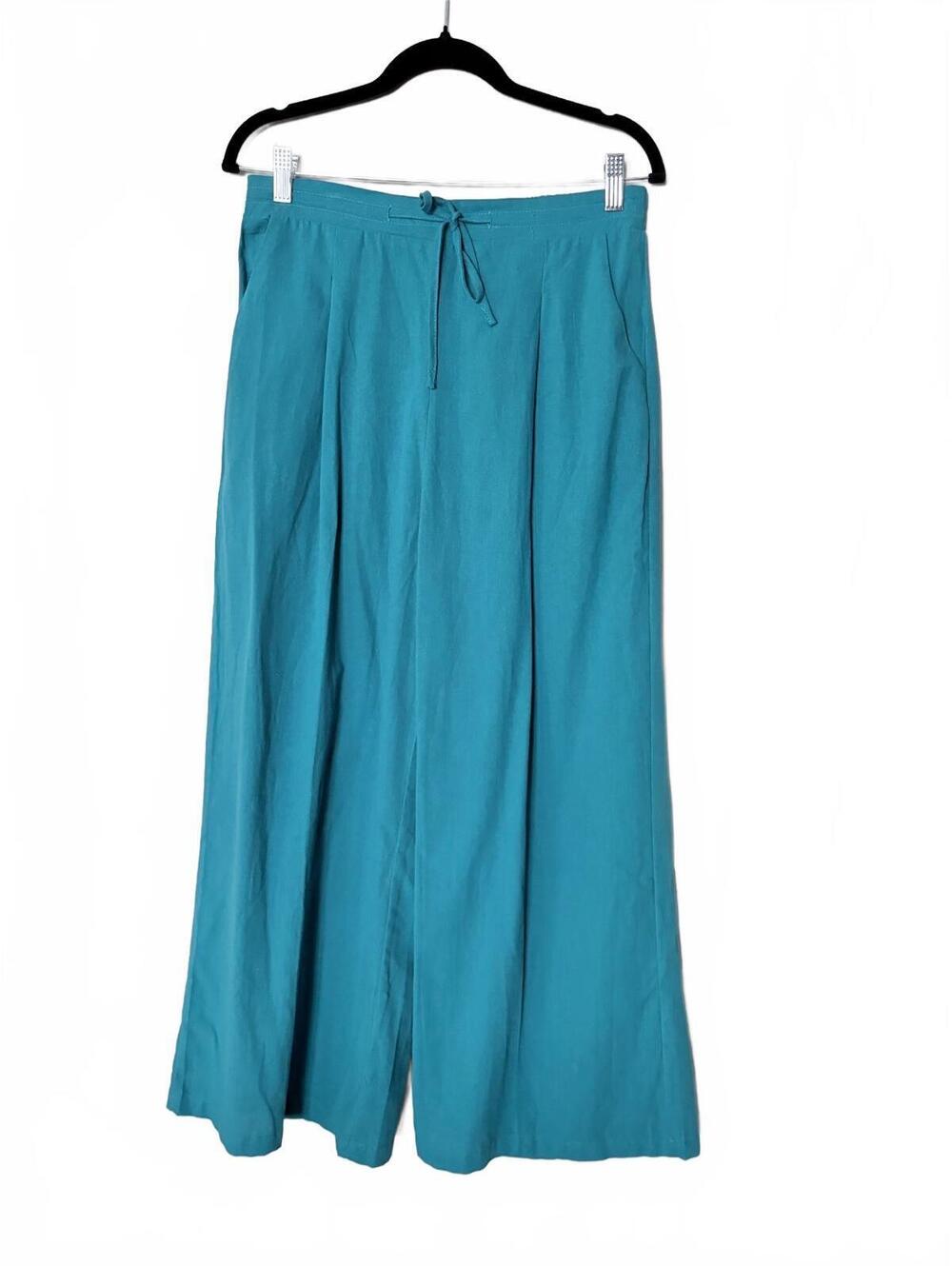 Zanzea Women's Wide Leg Pants with Drawstring Waist in Turquoise, Size Large